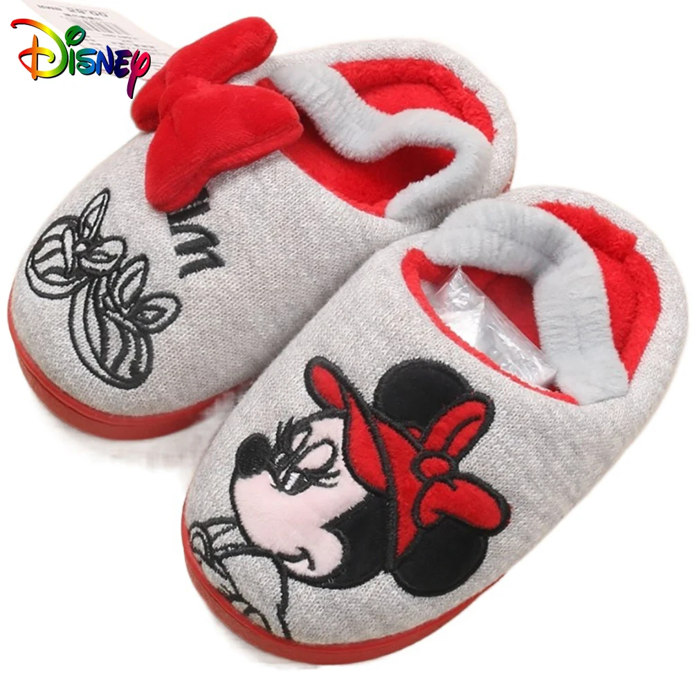 

Хлопковые тапочки для маленьких девочек, с мультяшным Минни, модные Зимние флисовые теплые тапочки для детей, Повседневная нескользящая Мя...