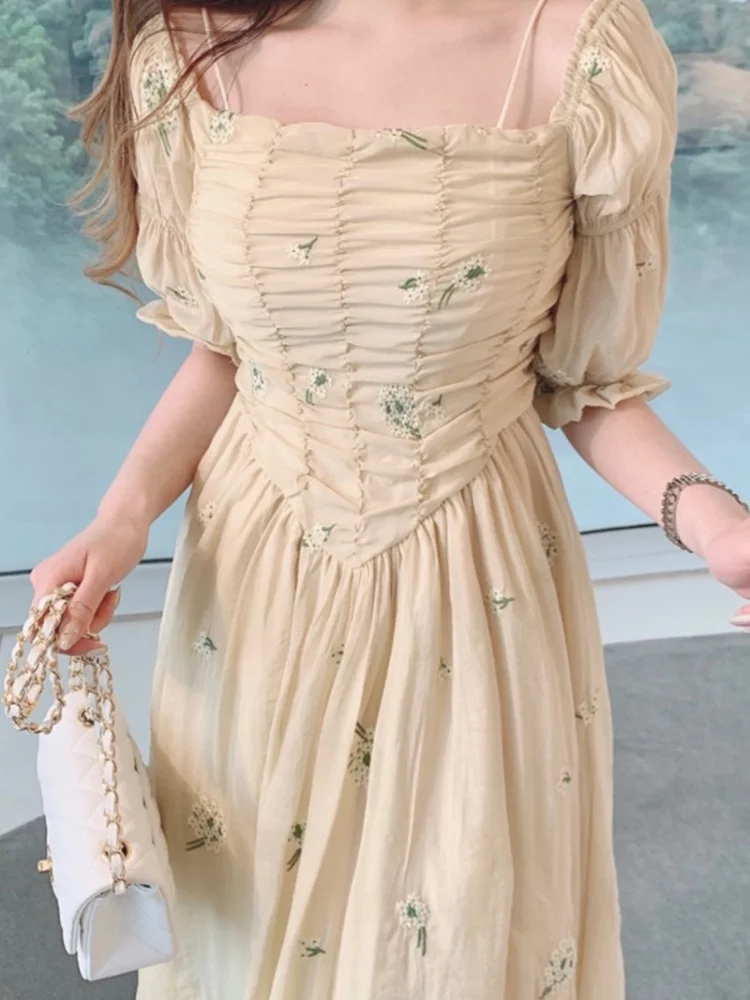 

Korean Chic Y2K Women's Summer Dress 2021 New Gentle Slash Collar Pleated Embroidered Flower Puff Sleeve Midi Dresses for Women