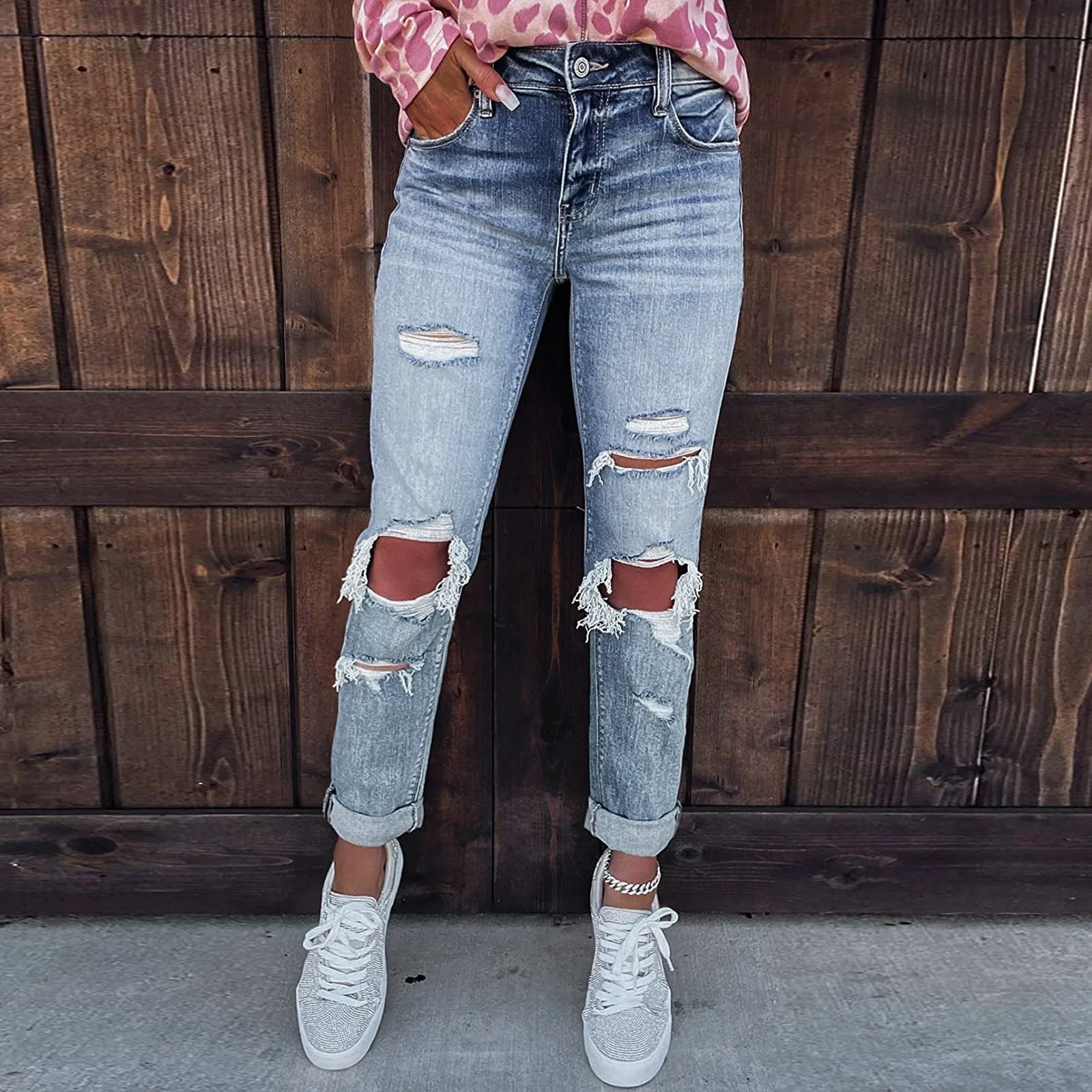 

Women's Pants Straight Leg Jeans Women High Waist Slim Loose Slim-fit Plus Size Skinny Denim Ripped Jeans Casual Pants Vaqueros