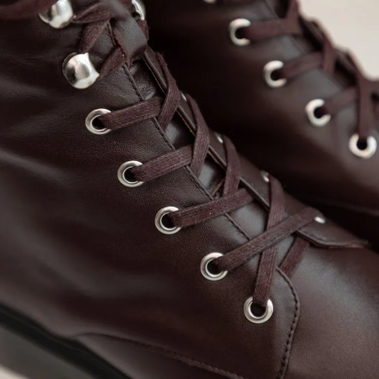 

MLJUESE 2021 women Ankle boots Cow leather winter short plush Round Toe Lace-Up Med heels female Riding boots size 43