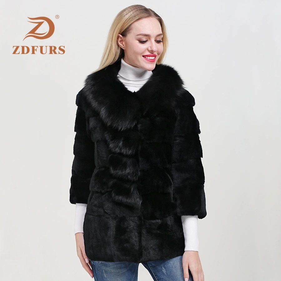 ZDFURS* шуба из кролика рекс из цельной кожи женская зимняя Новинка большой Лисий меховой воротник длинный абзац девять точек рукав пальто Меховая куртка - Цвет: BLACK