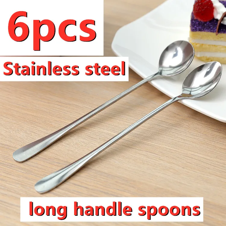 

6PCS Tea Spoons Long Handle Ice Cream Dessert Sundae Spoons Kitchen Hot Cutlery Drinking Tableware Stainless Steel Coffee Spoons