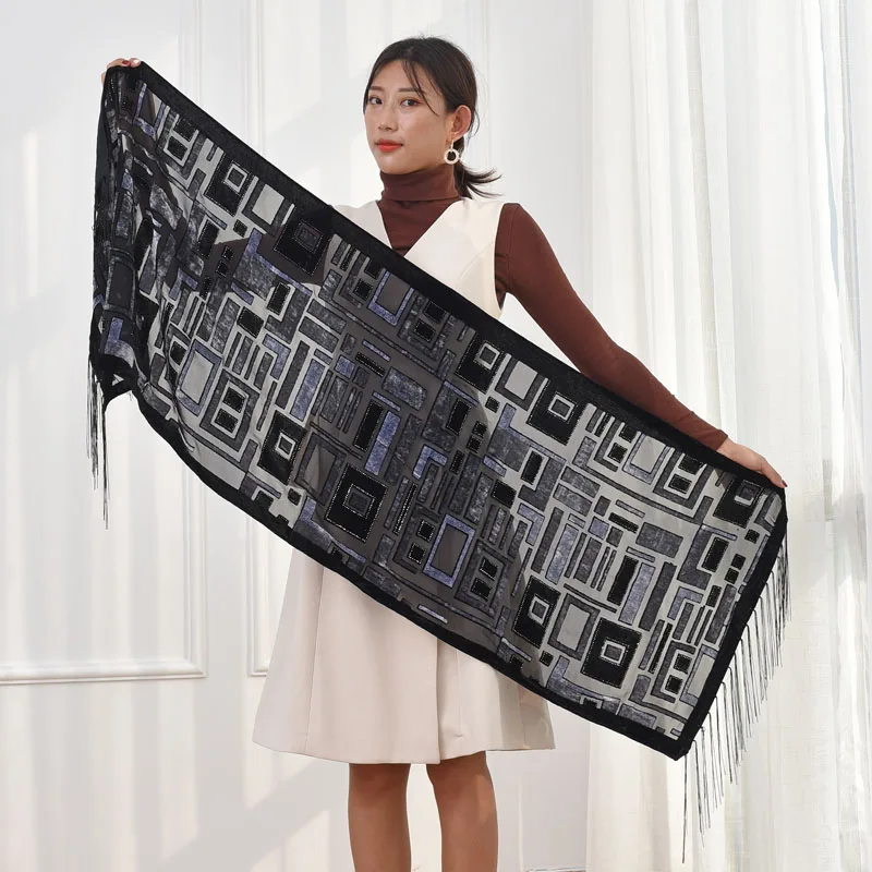 Классический Клетчатый бархатный шарф с принтом зимний блестящий длинный для