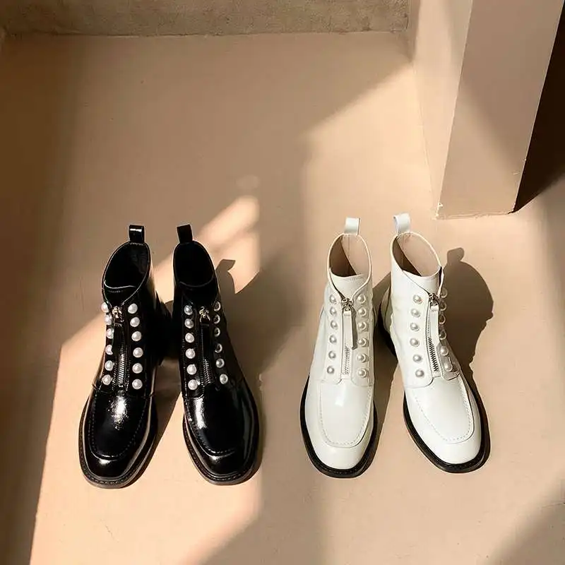 

Lenkisen 2020 new arrival cow leather round toe med heel riding boots pearl decoration beauty lady dating basic ankle boots L97