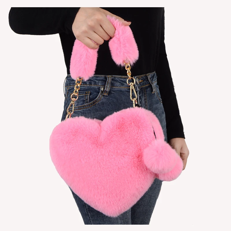 Женская милая мягкая сумочка из искусственного кролика Рекс, Женская милая сумочка в форме сердца, прекрасная плюшевая пушистая женская зи...