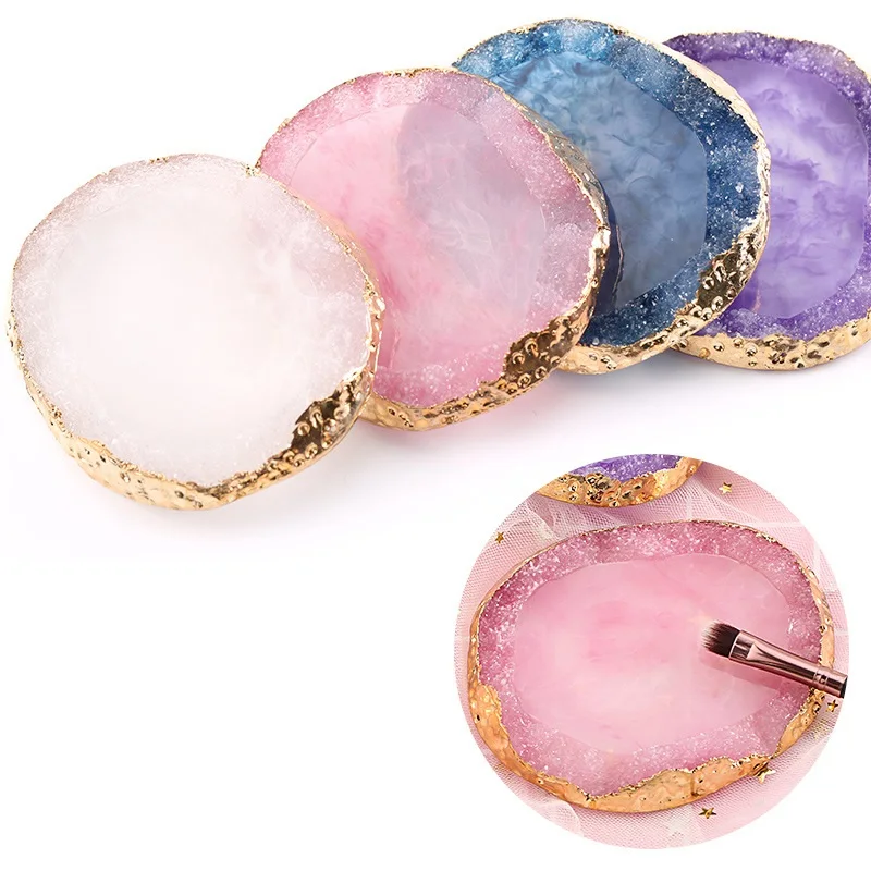 

1PC Diamond Nail Art Plate Tips Display Stand Golden Rim Agate Natural Resin Palette Nail Polish Gel Color Mixing Display Tools
