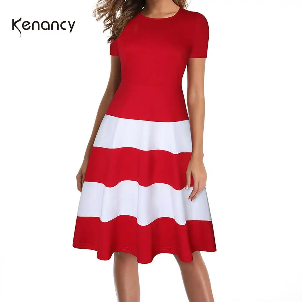 Модное женское ретро платье Kenancy с цветными полосками круглым вырезом и