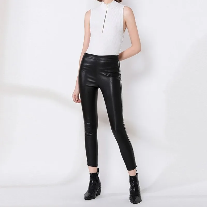 

Streetwear Elastic Sheepskin Pants Women Elastic Waist Natural Leather Skinny Pencil Pants Rhinestone Office Lady Casual Trouser