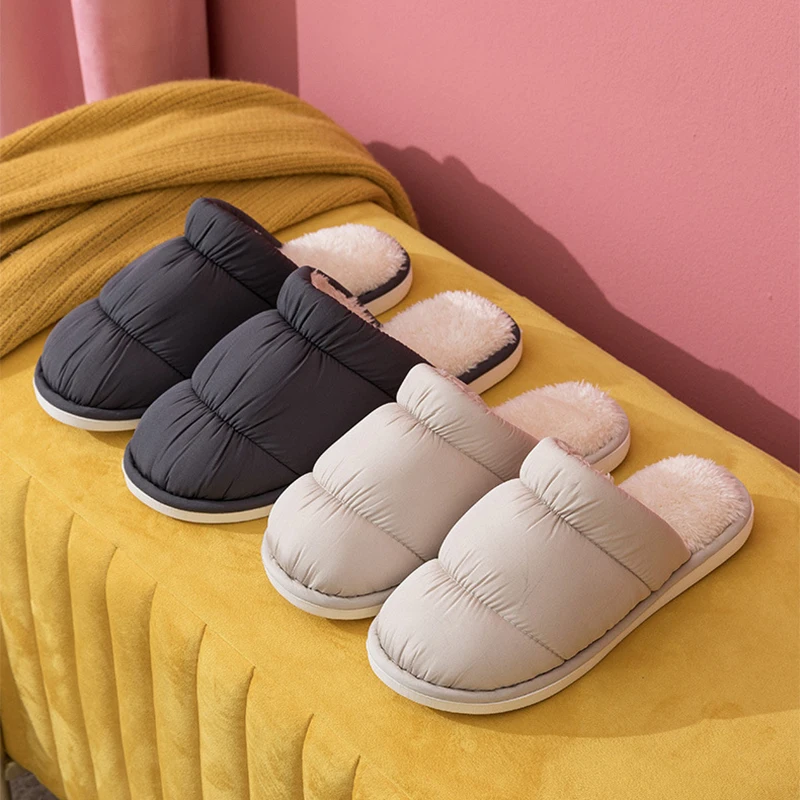 New Cotton Slippers Female Household Autumn And Winter Couples Indoor Clouds Plush Shoes Down Cloth Waterproof Warm Home Men