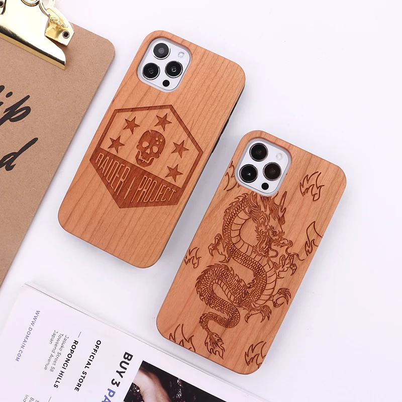 

Creative Skull Dragon Natural Wood Phone Case Funda For iPhone 11 12 Pro 7 7Plus 8 8Plus XR X XS Max Mini Carved phone Coque