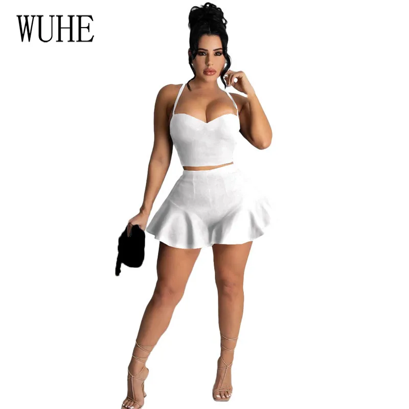 

WUHE Summer Sports 2 Sets Spaghetti Strap Breast Wrap Strapless Sleeveless Top and Ruffle Mini Skirts Casual Party Outfits
