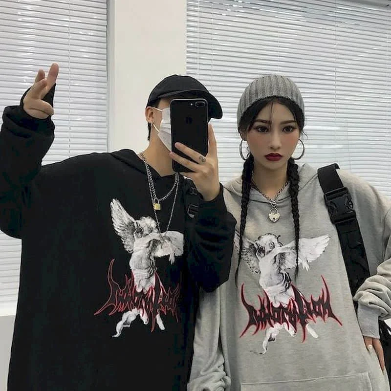 

gothic streetwear hoodies men Korea ins Korean Hong Kong style autumn winter lightning print loose plus fleece hooded sweatshirt