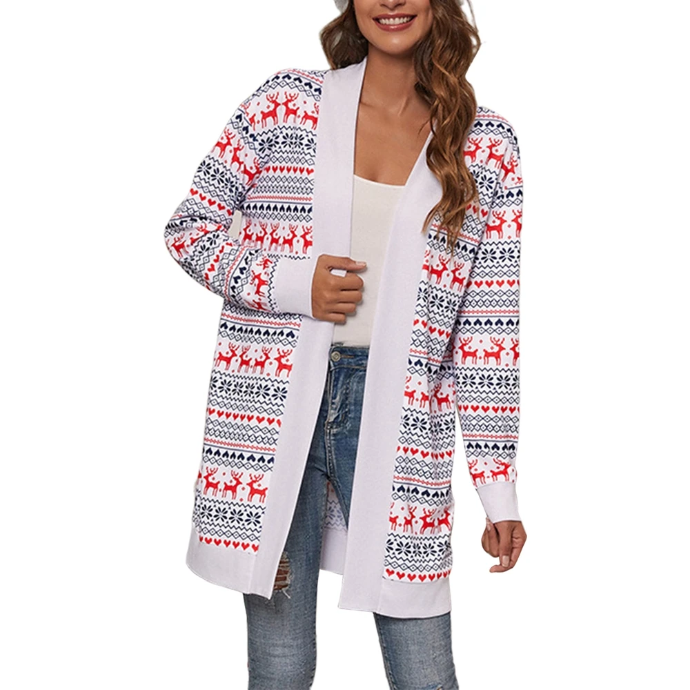 

Women Oversized Christmas Reindeer Cardigan Open Front Sweater Long Sleeve Knitted Coat Kimono Cardigan Casual Outwear