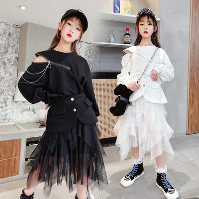 

6-12 years old girls' suit spring new big boys' net yarn pure color stitching coat cake gauze skirt girl two-piece trend
