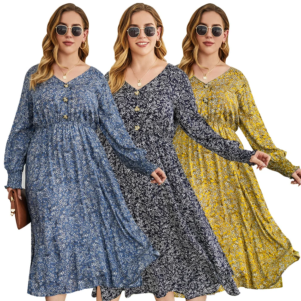 

Sale Women V-Neck Floral Print Long Sleeve Loose Flowy Swing Casual Midi Dress Boho Beach Plus Size Dresses robe femme 4XL D30