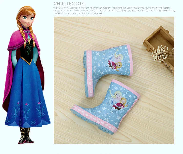 Disney/непромокаемые сапоги принцессы для девочек; цвет синий, розовый; Резиновые Нескользящие резиновые сапоги; Студенческая обувь; водонепроницаемая обувь; зимние сапоги