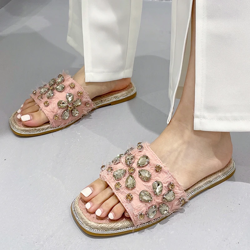 

Сланцы женские с квадратным носком, пляжные шлепанцы из денима, без застежки, кристаллы, кристаллы, плоская подошва, Повседневная летняя обу...