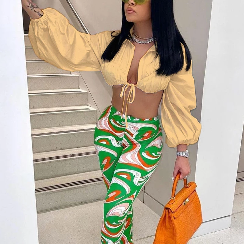 

Lantern Sleeve Tie Front Crop Top Shirt Blouse