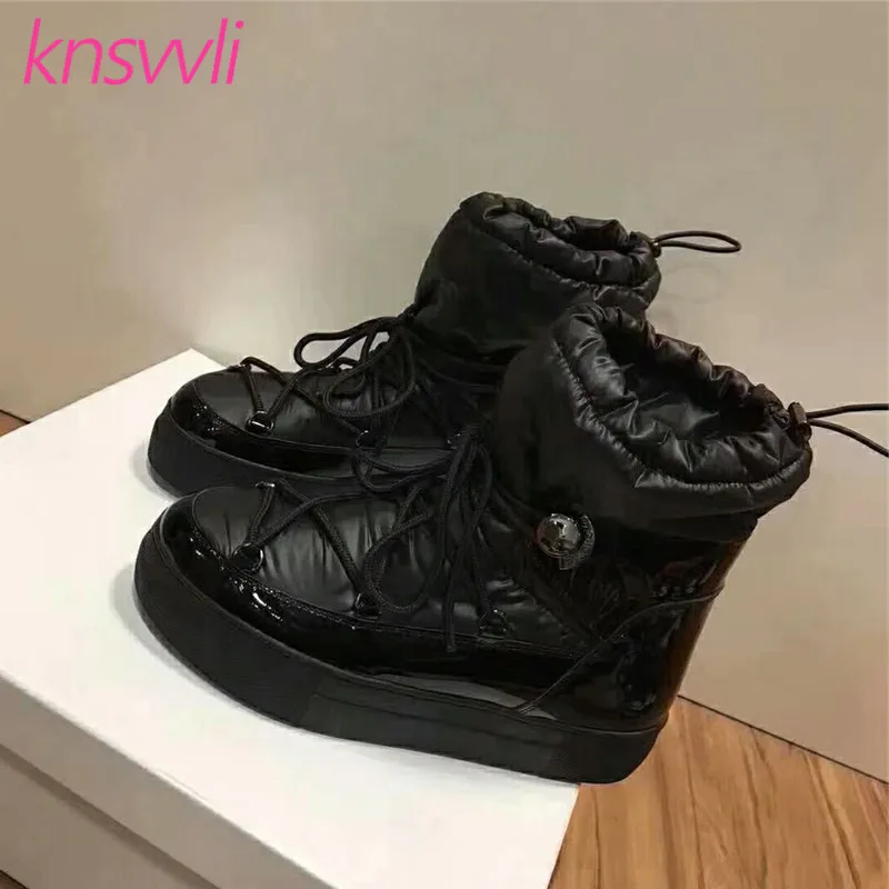 Женские теплые сапоги Knsvvli черные Белые зимние с круглым носком перекрестной