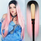 Парик для косплея чернокожих и белых женщин, длинные прямые Розовые синтетические волосы с эффектом омбре, высокотемпературные парики для косплея