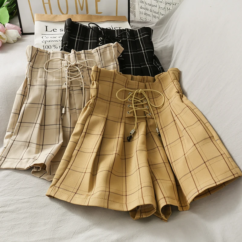 

Ins Fashion High Waist Bandage Shorts Women 2020 Summer Vintage Plaid Wide Leg Short Pants Loose Girl Shorts Feminino