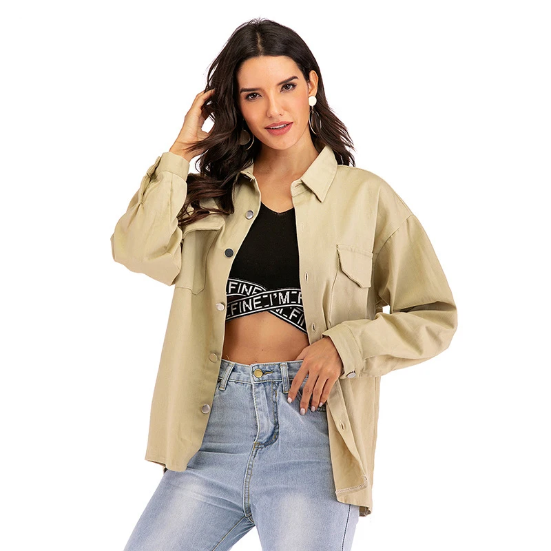 

Neatie Kiddie Khaki Spring Autumn Casual Basic Jacket Coat Women Clothes Turn-down Collar Slim Back Letter Embroider Outwear