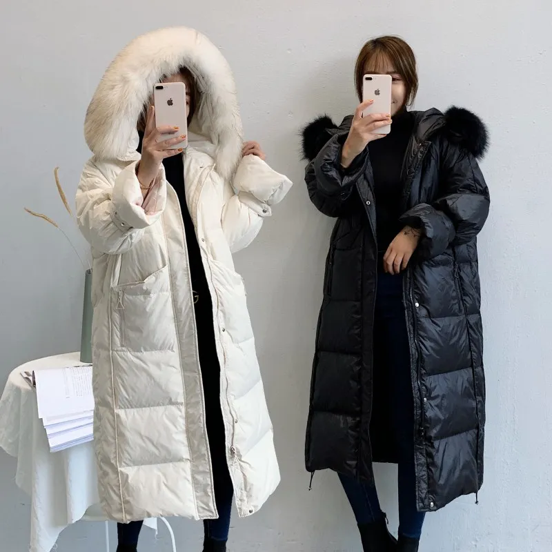 2023 New Long Winter Down Coats Women Big Fur Collar Jacket Parkas Female White Duck Down Parkas Coats Ladies Loose Down Coat
