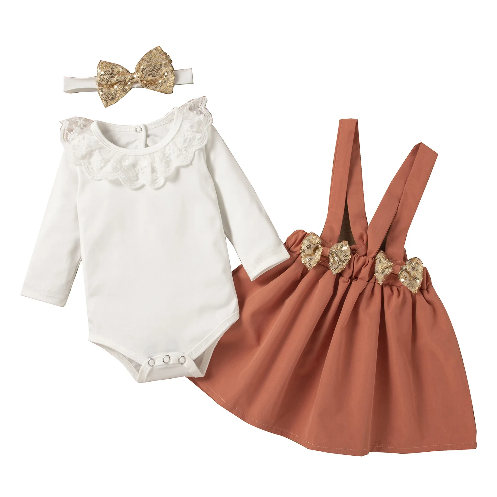 

3pcs/sets Girls Clothing O-neck Lace White Full Sleeved Romper + Brick Red Sequins Bow Overall + Hair Bands Outfits For Children