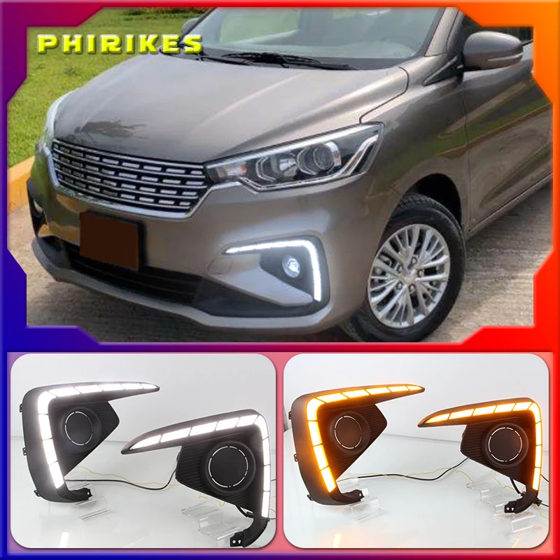 

Дневные светодиодсветодиодный ходовые огни, 2 шт., дневсветильник ни для Suzuki Ertiga 2018 2019 DRL, противотуманная фара, налобный фонарь, желтый указатель поворота