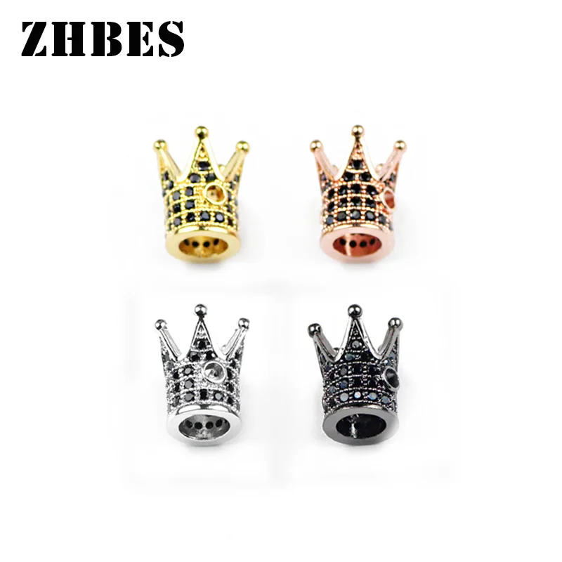 

ZHBES 8MM 4PCS CZ Crown Metal Micro Pave Black Zircon Copper Bead Spacer Loose Beads For DIY Jewelry Making Bracelet Findings