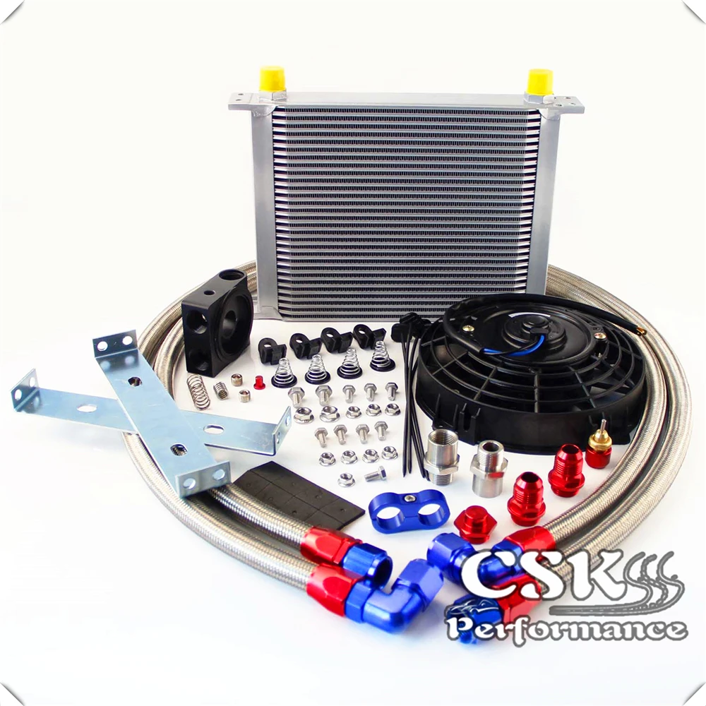 Universal AN10 30 Row Oil Cooler Thermostat Sandwich +7&quot Electric Fan kit Black / Silver |