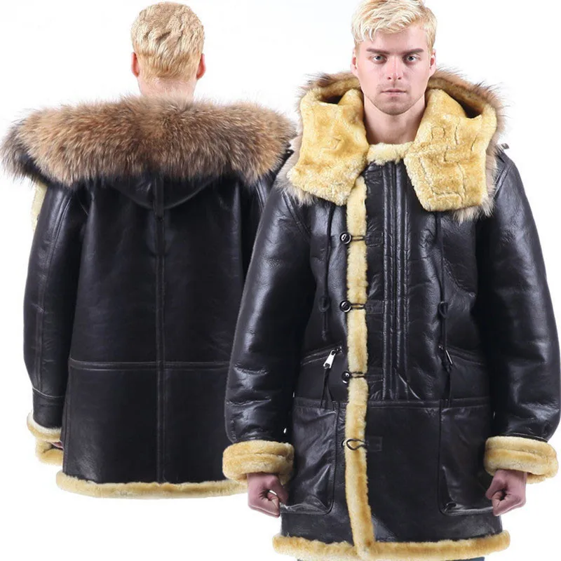 

men genuine leather jacket sheepskin coat fur collar hooded mens winter coldproof coats fur one piece outerwear original ecology