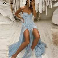 verngo dusty blue chiffon long prom dresses spaghetti straps pleats sweetheart side slit evening gowns sexy formal party dress