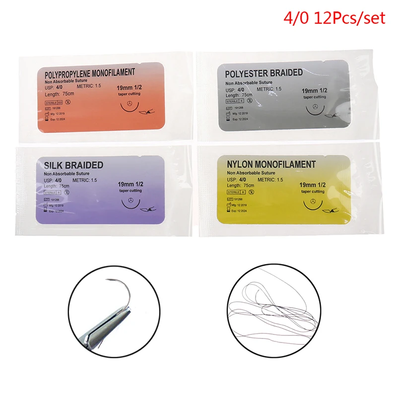 

12Pcs/Set 4/0 Medical Needle Suture Nylon Monofilament Silk Braided Needle Thread Suture Teaching Demonstrations Practice Kit