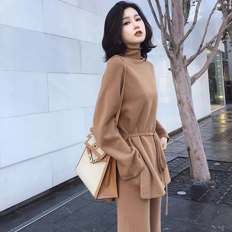 

2023 Autumn Winter Knitted Sweater Set Women Two Piece Wide Leg Pants Suit Female Elegant Long Sleeve Sweater Pants Outfits
