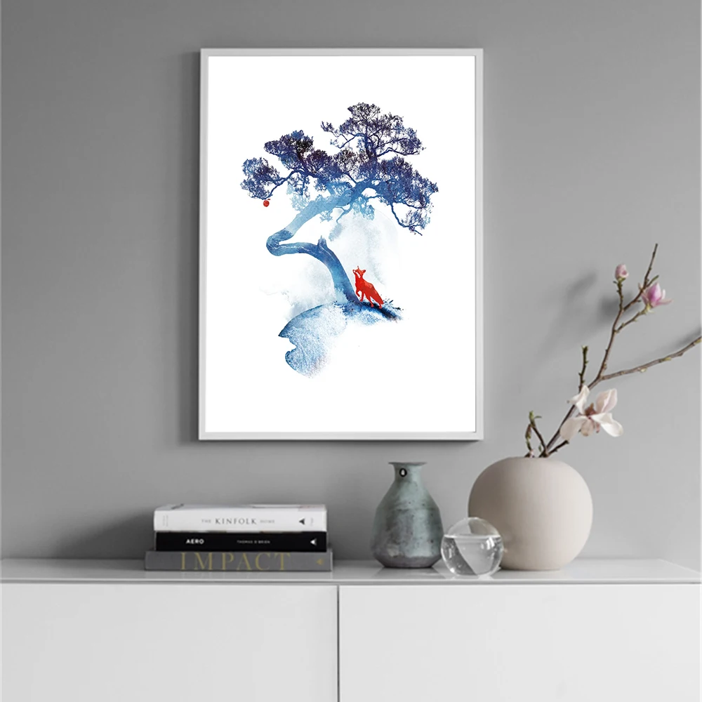 Скандинавский декор лесной пейзаж настенное искусство холст синее дерево плакат
