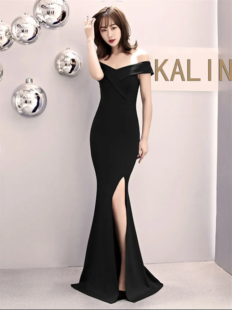 Skyyue Evening Dress Off The Shoulder Women Party Dresses Short Sleeve Robe De Soiree Sexy V-neck Split Formal Gowns C087