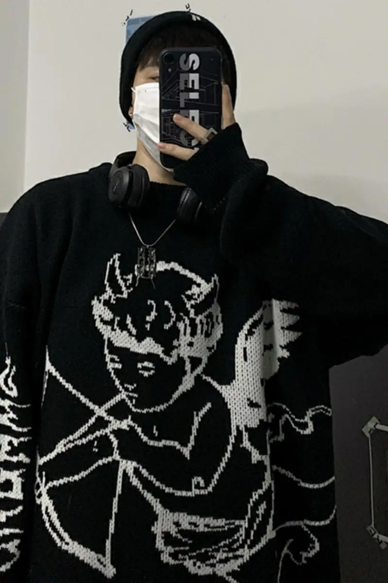 

Woherb Sweaters Women Streetwear Knitted Pullover Angel Print Fashion Hip Hop Men Autumn Harajuku Oversized Outwear Jumpers