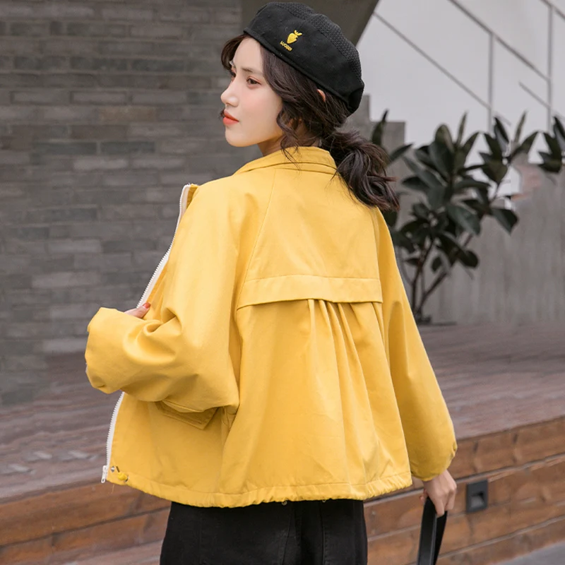 

FTLZZ Spring Autumn Women Bat Sleeved Short Jackets Stand Collar Casual Zipper Loose Coat Female Big Pocket Sash Tie Up Outwear