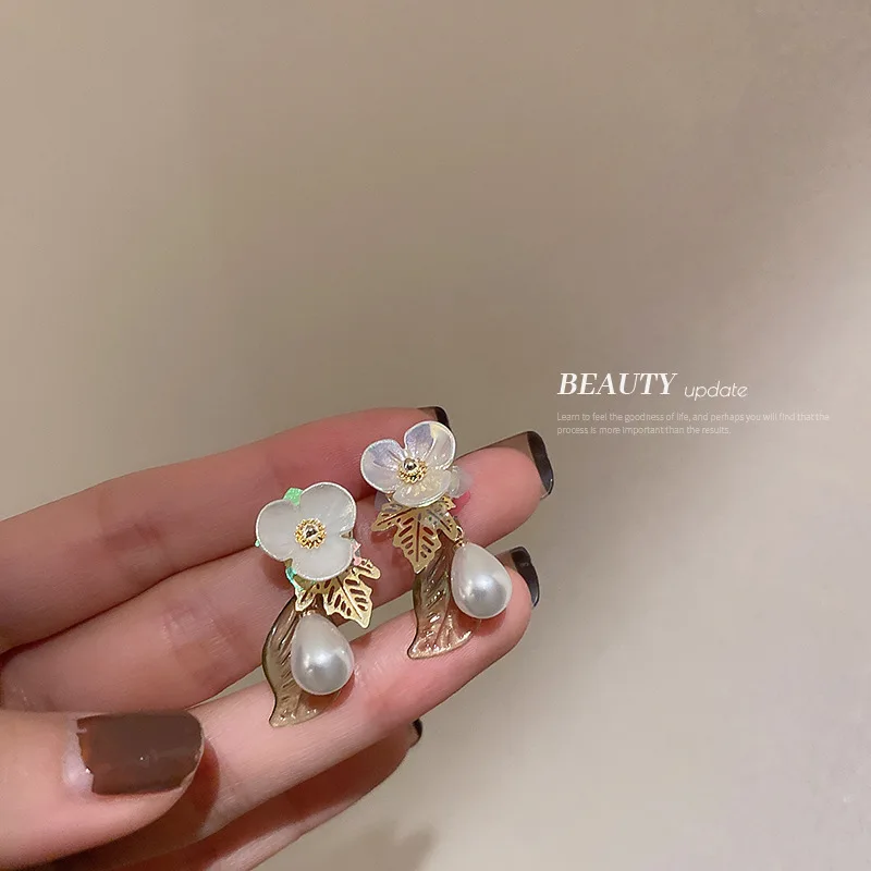 

925 Silver Needle Handmade Pearl Acrylic Flower Stud Earrings For Women Korean Style Personality New Fashion Jewelry pendientes
