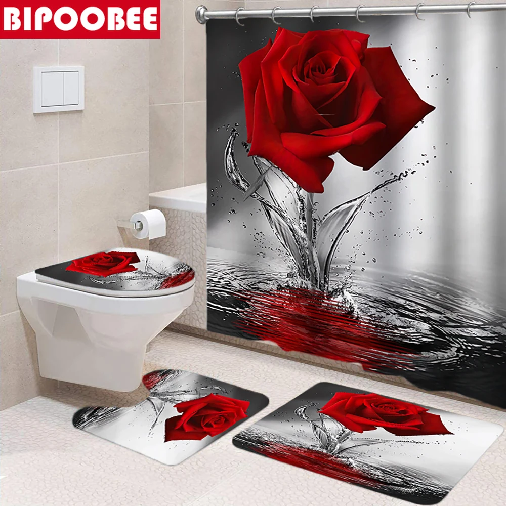 Занавеска для душа с 3D рисунком красной розы влюбленных Противоскользящий