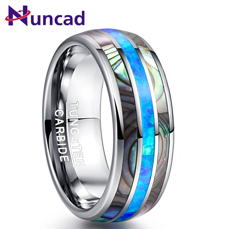 

Nuncad 8mm Blue Opal Tungsten Carbide Rings Inlaid Natural Shells Party Jewelry Gift Silver Color Rings