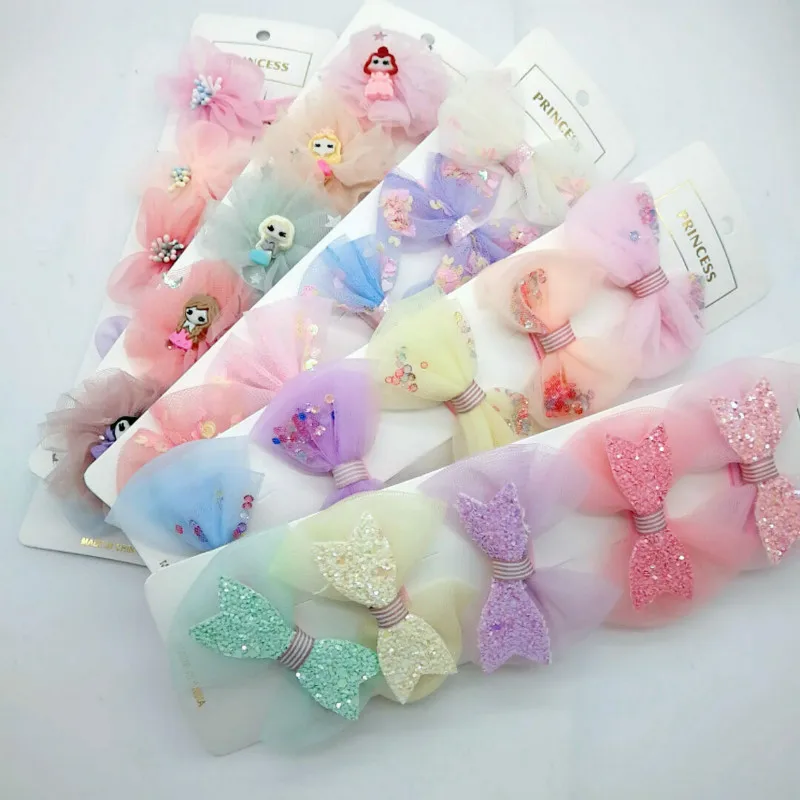 

5 Pcs/set Children's net yarn bow hairpin set duckbill clip hairpin hair accessories do not hurt the hair edge clip bb clip