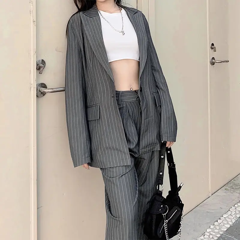 

Streetwear Striped Blazer And Straight High Waist Suit Pant Two Piece Suit Set Women Outfits 2021 Trend Clothes Female