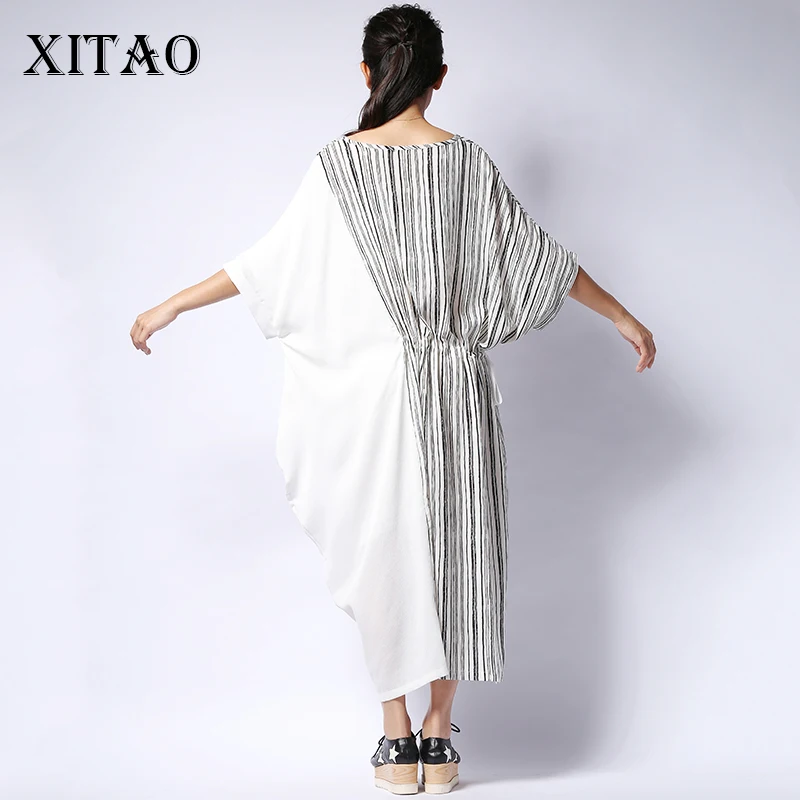 Женское платье в полоску с коротким рукавом и круглым вырезом до колена|Женские