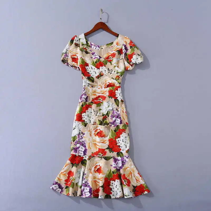 

Chic Summer 2021 lady's elegant Mermaid dress Runways high quality flroal print fishtail dress C181