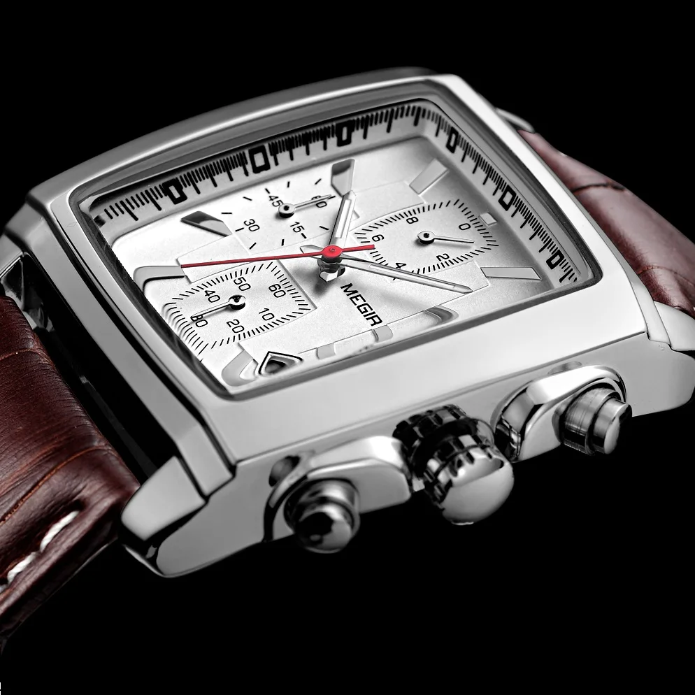 Мужские кварцевые наручные часы MEGIR оригинальные в стиле милитари с кожаным