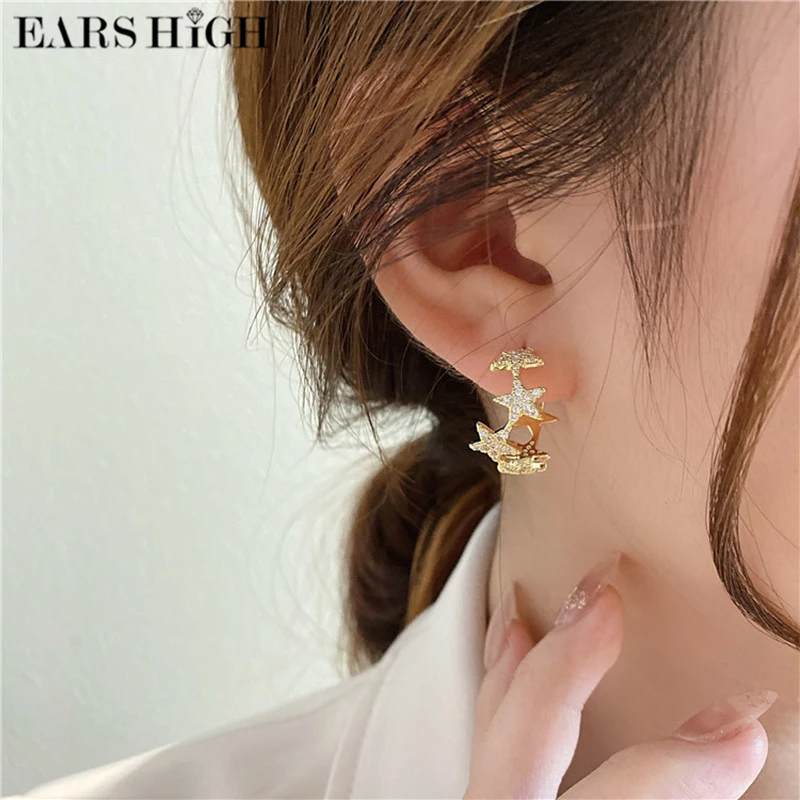 

EARS HIGHNew Fashion Delicate Micro Paved Zircon Metal Star Hoop Earrings For Women Girls Geometric Gold Color Brincos Jewelry