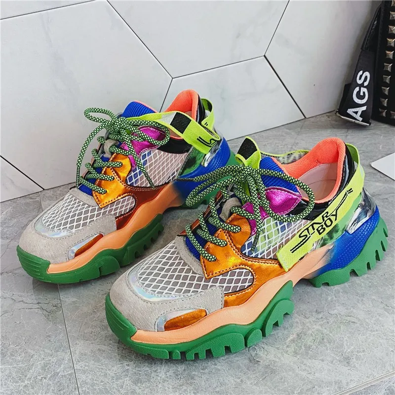 

SWONCO Mesh Breathable Women's Chunky Sneakers 2020 Summer Genuine Leather Women Platform Shoes Ladies Trainers Footwear