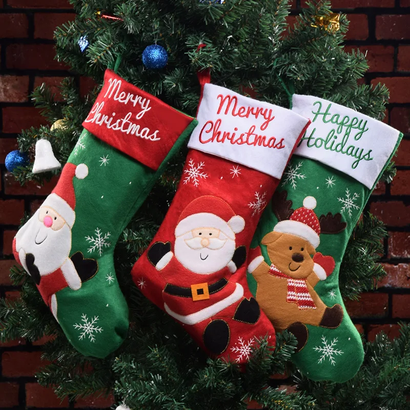 

Christmas Stockings Socks with Snowman Santa Elk Bear Printing Xmas Candy Gift Bag Fireplace Xmas Tree Decoration New Year